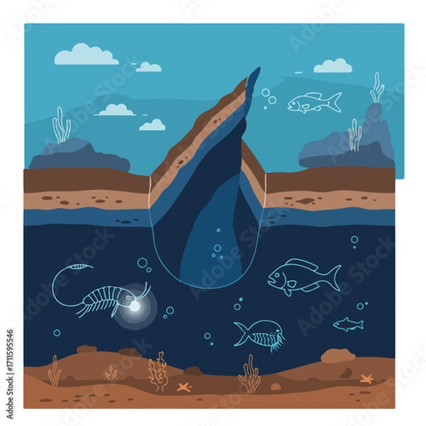 Fototapeta A cutaway view revealing underwater life and geological layers in muted blues and browns