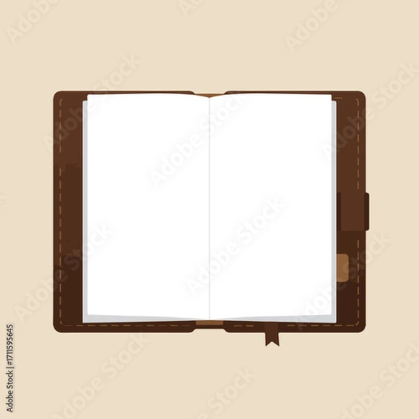 Fototapeta Open notebook with white pages and dark brown leather cover with light brown background