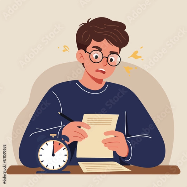 Fototapeta Stressed student stares at paper, timer visible, symbolizing pressure and impending deadline