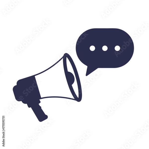 Fototapeta Dark blue silhouette of a megaphone with a rounded speech bubble beside it, on white