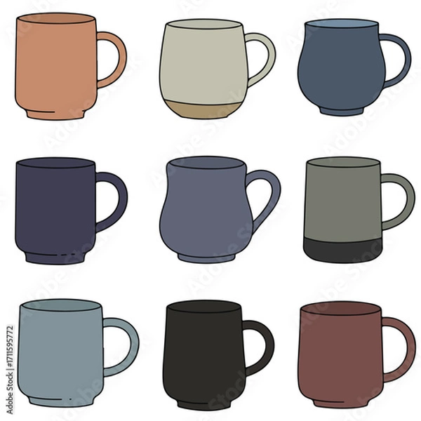 Fototapeta Collection of nine colorful, cartoonish mugs with varying shapes and sizes, against white