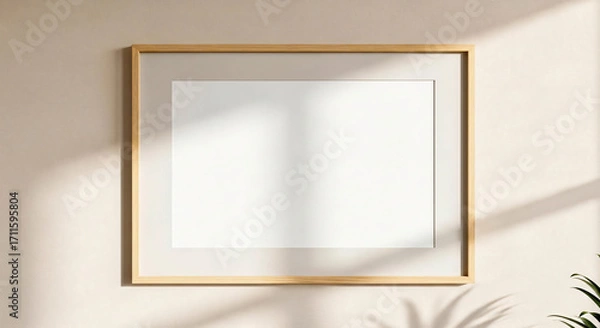 Fototapeta Minimalist Square Frame Mockup on Beige Wall with Plant Shadow