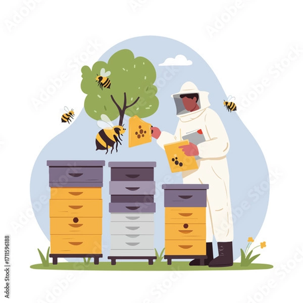 Fototapeta Beekeeper in protective gear inspects honeycombs near beehives with flying bees around