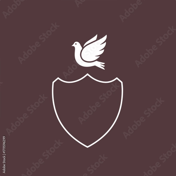 Fototapeta White dove perched above a shield-shaped emblem against a dark, smooth brown background