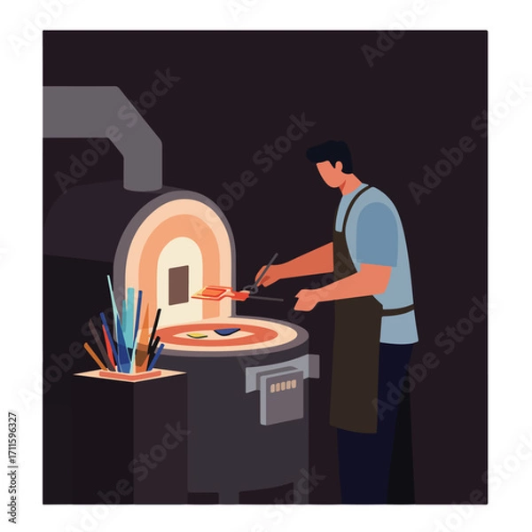 Fototapeta Illustration of a glassblower working with molten glass in front of a furnace