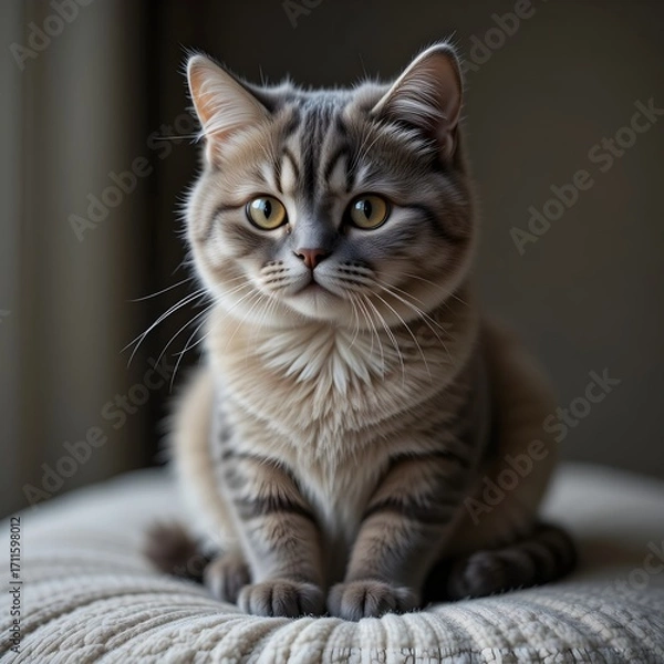 Fototapeta A fluffy cat with unique features, one eye pure white and the other black, half of its face black and the other half white, soft thick fur, sitting gracefully, high-quality realistic photography, stud