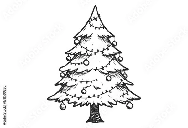 Fototapeta Hand-drawn christmas tree with ornaments and string lights - stock vector