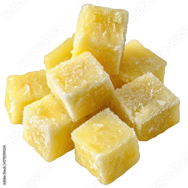 Fototapeta A tempting stack of frozen mango chunks isolated on transparent background, displaying their vibrant color and delightful texture, perfect for a refreshing treat