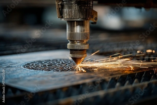 Fototapeta Industrial laser engraving metal, creating sparks and intricate design