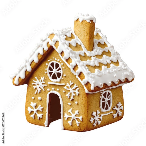 Fototapeta Gingerbread house isolated on transparent background, a festive treat adorned with intricate icing details, evoking the warmth and joy of the holiday season with its sweet charm