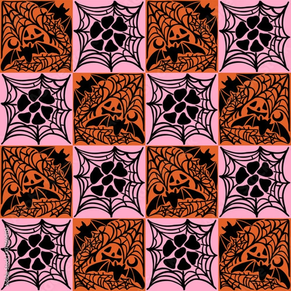 Fototapeta Halloween seamless pattern with jack o lanterns, bats, and spiderwebs in bold orange and pink. perfect for festive designs, textiles, wrapping paper, or digital art. Simple squares background