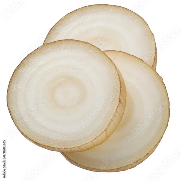 Fototapeta Slices of white onion isolated on transparent background, revealing their concentric rings and translucent layers, commonly used as a versatile ingredient in various cuisines