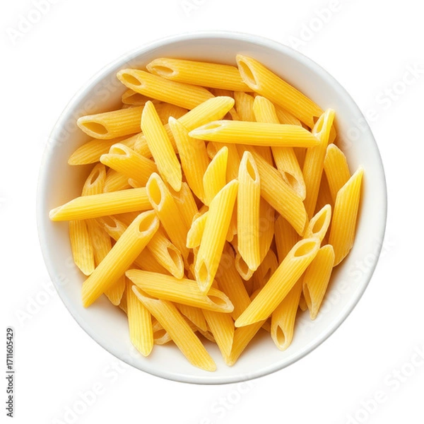 Fototapeta Overhead shot of penne pasta in a white bowl isolated on transparent background, showcasing its texture and shape, ideal for culinary and italian cuisine concepts and recipes