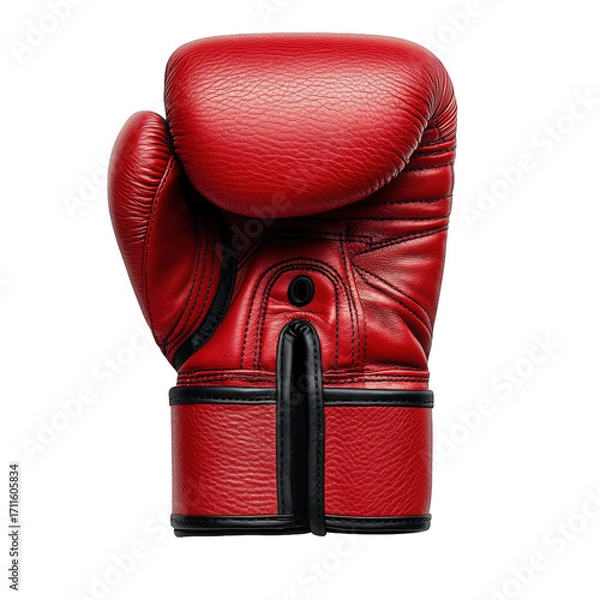 Fototapeta A classic red boxing glove, embodying the spirit of the ring, showcases its rugged design and protective features, ready for training and competition, isolated on transparent background