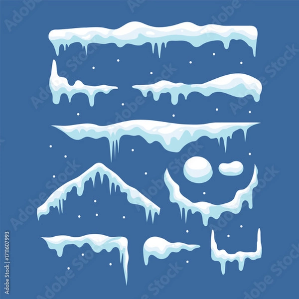 Fototapeta illustration of snow caps and icicles in different shapes and styles on a blue background, perfect for winter, Christmas, or game design elements