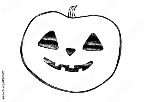 Fototapeta Stylized illustration of Jack o lantern pumpkin. Black outline with texture. Different shades. Doodle. Drawing in marker. Eyes, nose, mouth have wavy texture of crumpled paper. White background
