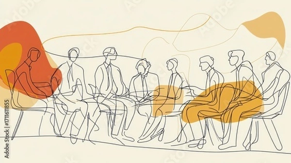 Fototapeta Line art illustration of a diverse group of people seated in a circle, discussing