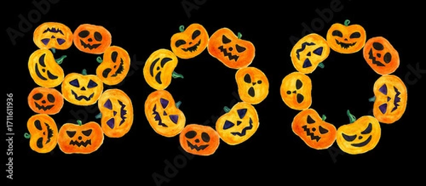 Fototapeta The word Boo made of Jack o lantern pumpkins. Isolated on a black background. Pumpkins of different shapes with different faces. Painted with watercolors. Shades of orange, yellow, black, purple.