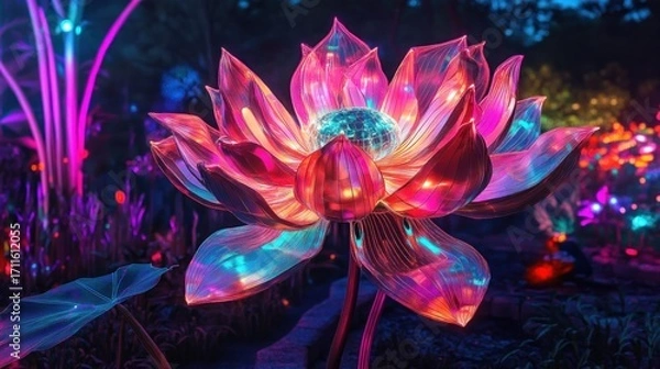 Fototapeta Luminescent, multi-colored lotus flower glows brightly in a mysterious, vibrant garden