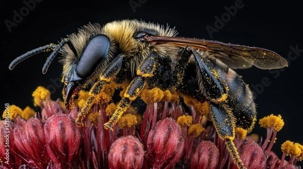 Fototapeta Macro close-up of a bee, covered in pollen, perched on a flower, with a black background