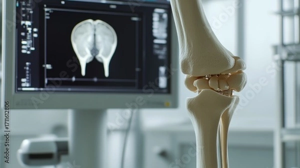 Fototapeta Medical setup showing a human knee joint in focus with a radiograph displayed on a monitor