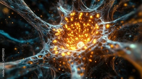 Fototapeta Microscopic view of a neuron structure, glowing core with outer network and radiant particles