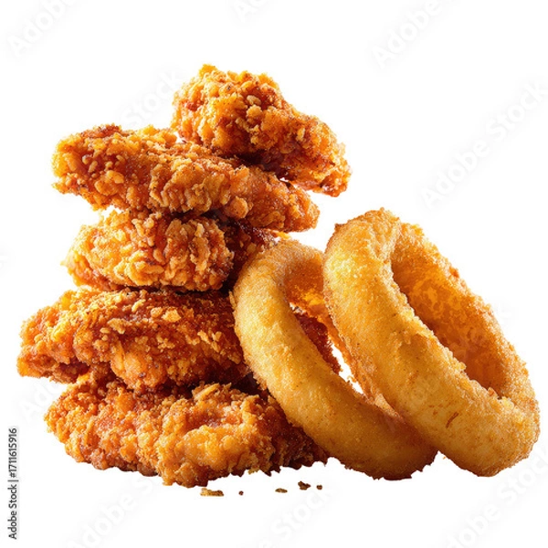Fototapeta Crispy fried chicken pieces and onion rings