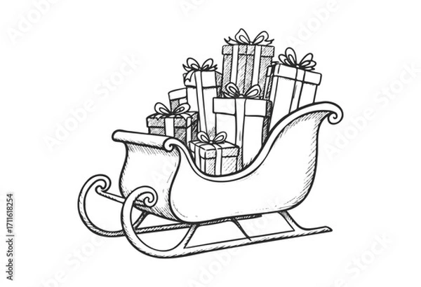 Fototapeta Hand-drawn sleigh with stacked gifts in black and white line art style - stock vector