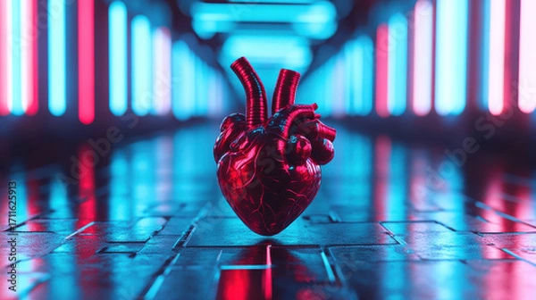Fototapeta Conceptual 3D rendering of futuristic human heart with glowing veins in neon lit corridor, evoking high tech atmosphere