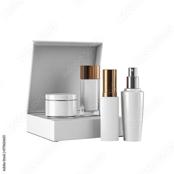 Obraz White cosmetic set in a gift box.  Luxury skincare products in a minimalist design.  Three bottles and a jar, arranged neatly in a white box.  Rose gold accents.  3D render