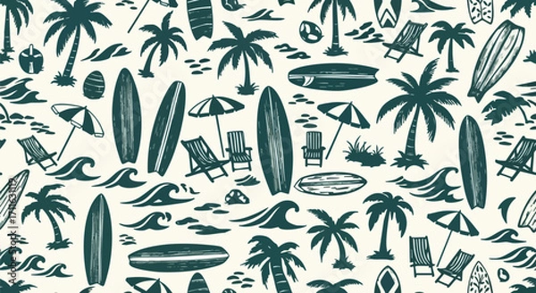 Obraz Relaxing beach scene with surfboards, palm trees, and waves creating a summer vibe