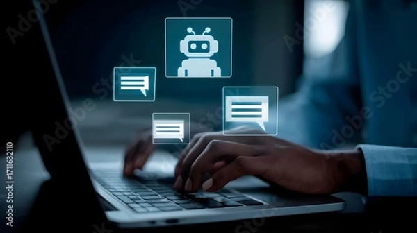 Fototapeta Close up of hands typing on laptop with chatbot interface showing digital conversation bubbles in futuristic AI environment