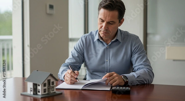 Fototapeta Professional man reviewing property documents with house model and calculator in modern office