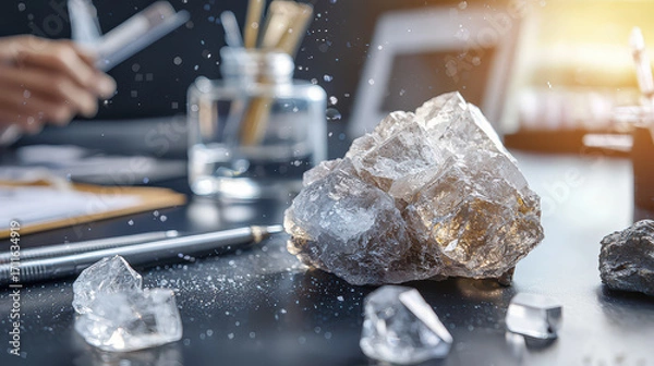 Fototapeta Close up view of clear mineral crystals on desk, surrounded by office supplies, conveying sense of study and exploration
