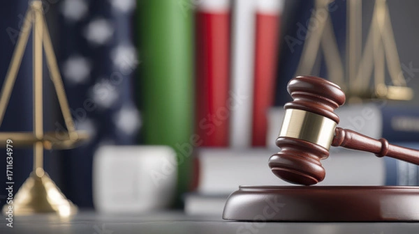 Fototapeta Gavel rests on wooden block, symbolizing justice and law, with scales of justice and flags in background