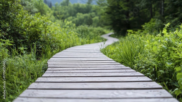Fototapeta Winding wooden pathway leads through lush greenery, inviting exploration and tranquility in serene natural setting