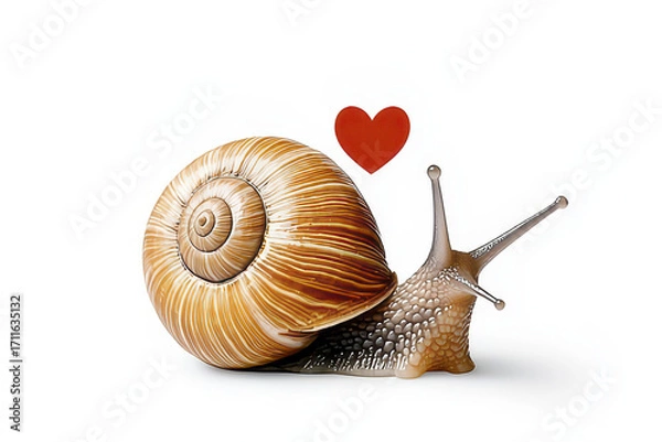 Fototapeta Cute snail with heart symbol, showcasing love and affection whimsical manner. snail has beautifully patterned shell and soft