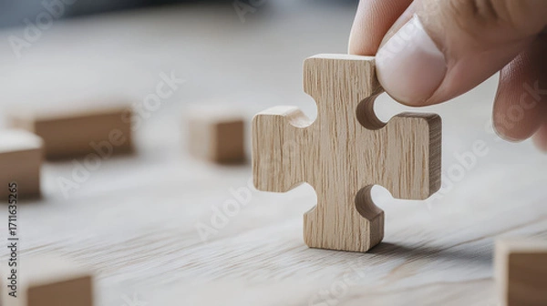 Fototapeta Hand holding wooden puzzle piece, symbolizing problem solving and creativity. background features scattered wooden pieces