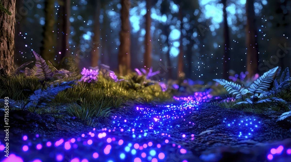 Fototapeta Enchanting bioluminescent forest scene with glowing plants and vibrant colors, creating magical atmosphere