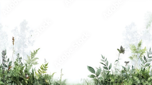 Fototapeta Lush greenery in enchanted forest with delicate butterflies and various plants creating serene atmosphere