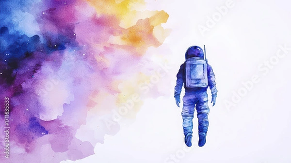 Fototapeta Astronaut in watercolor style floats through colorful cosmic background, evoking sense of wonder and exploration