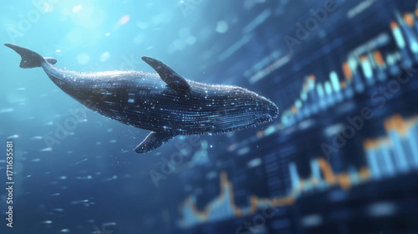 Fototapeta Ethereal whale swimming through digital ocean, surrounded by data visualizations and glowing particles, creating mesmerizing