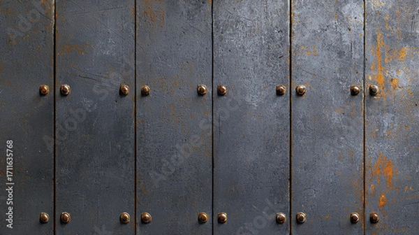 Fototapeta Rusty metal wall with rivets and gritty industrial texture, evoking sense of age and durability