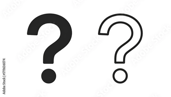 Obraz Two question marks, one solid, one outlined, on a black background