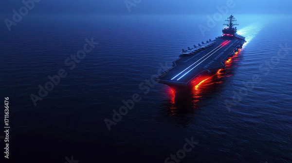 Fototapeta Powerful aircraft carrier illuminated night, gliding through calm waters, showcasing advanced technology and military strength
