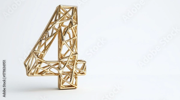 Fototapeta Striking golden number four sculpture with intricate geometric design, showcasing elegance and modernity