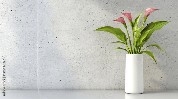 Fototapeta Modern interior featuring white vase with vibrant pink calla lilies against textured concrete wall, creating serene atmosphere
