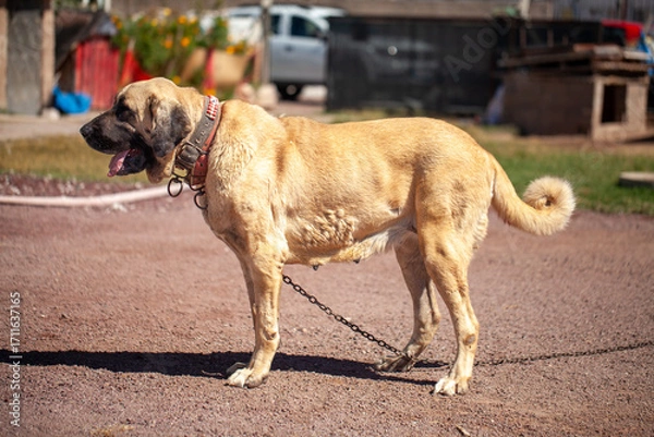 Fototapeta Female Aksaray Malaklı (Anatolian Mastiff) standing on a chain in a rural farmyard, showcasing its strong build and role as a traditional Turkish livestock guardian dog.
