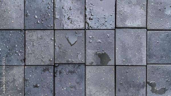 Fototapeta Wet urban pavement with textured surface, showcasing dark tiles and water droplets. scene evokes sense of calm and freshness