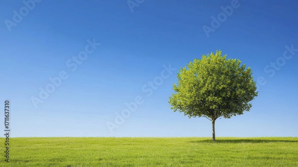 Fototapeta Vibrant green tree stands alone in lush field under clear blue sky, evoking sense of tranquility and peace